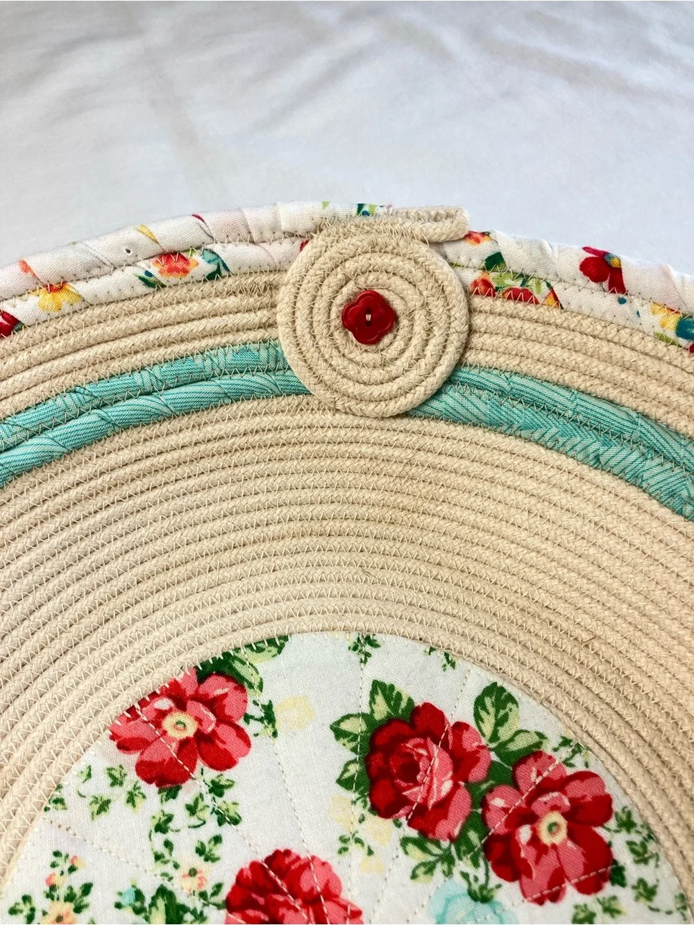 Handcrafted Coiled Fabric Floral Rope Bowl Farmhouse Pioneer Woman